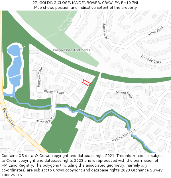 27, GOLDING CLOSE, MAIDENBOWER, CRAWLEY, RH10 7NL: Location map and indicative extent of plot