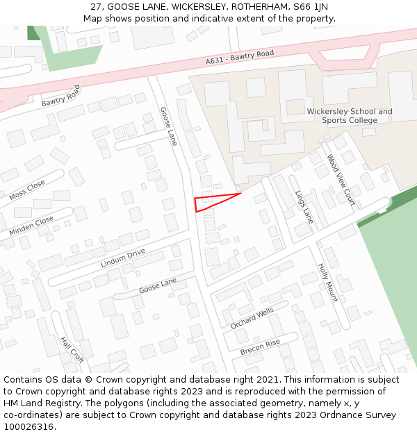 27, GOOSE LANE, WICKERSLEY, ROTHERHAM, S66 1JN: Location map and indicative extent of plot