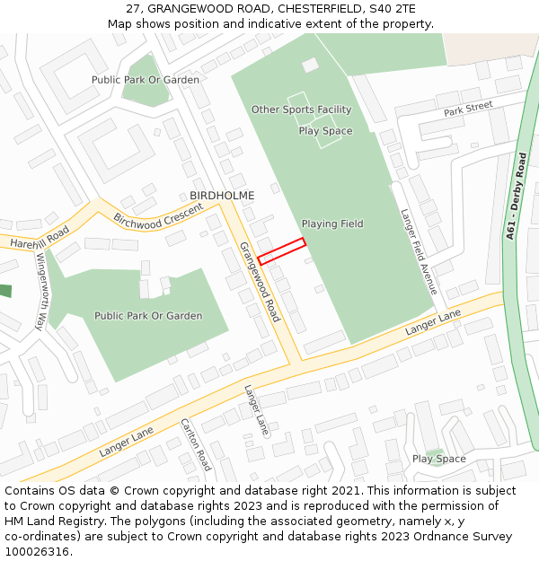 27, GRANGEWOOD ROAD, CHESTERFIELD, S40 2TE: Location map and indicative extent of plot