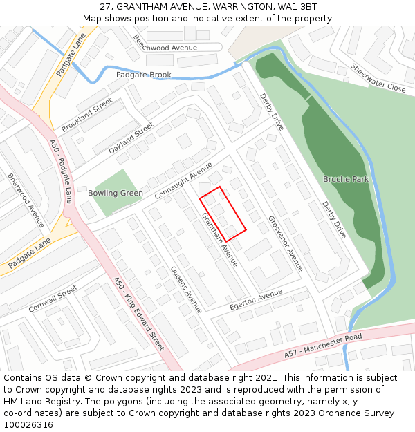 27, GRANTHAM AVENUE, WARRINGTON, WA1 3BT: Location map and indicative extent of plot