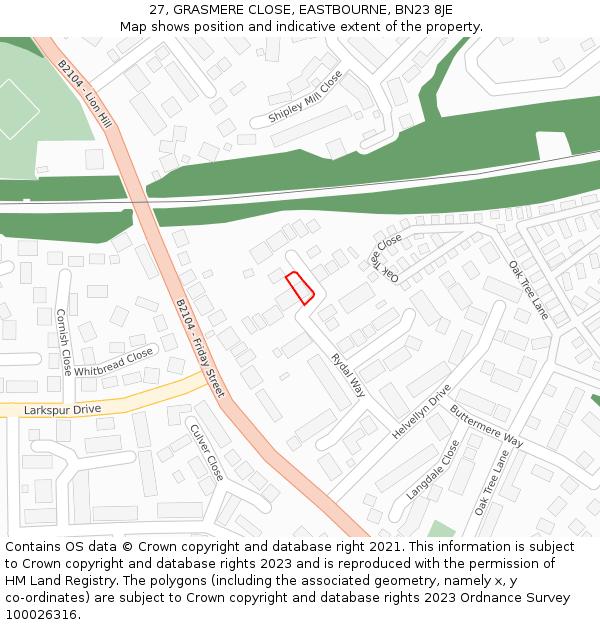 27, GRASMERE CLOSE, EASTBOURNE, BN23 8JE: Location map and indicative extent of plot