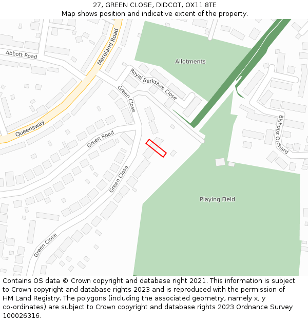 27, GREEN CLOSE, DIDCOT, OX11 8TE: Location map and indicative extent of plot