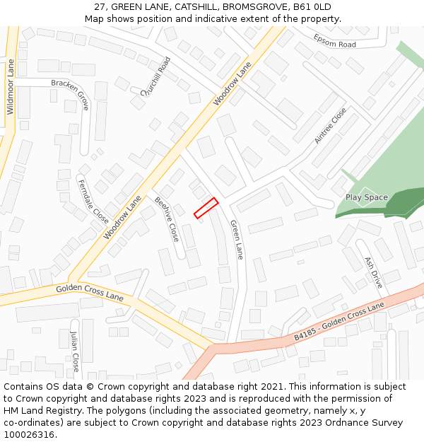 27, GREEN LANE, CATSHILL, BROMSGROVE, B61 0LD: Location map and indicative extent of plot