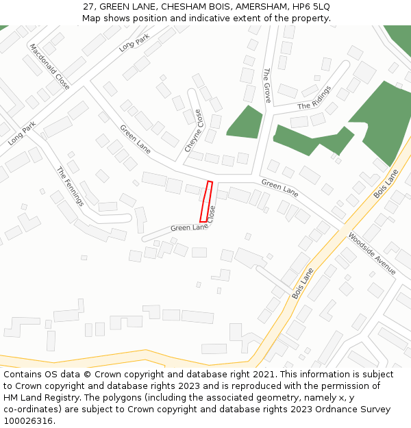 27, GREEN LANE, CHESHAM BOIS, AMERSHAM, HP6 5LQ: Location map and indicative extent of plot