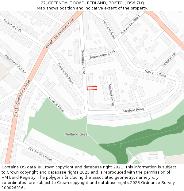 27, GREENDALE ROAD, REDLAND, BRISTOL, BS6 7LQ: Location map and indicative extent of plot