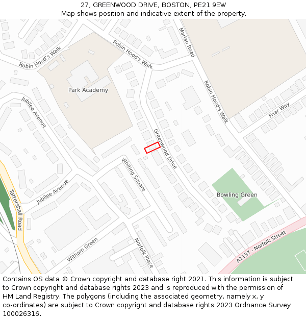 27, GREENWOOD DRIVE, BOSTON, PE21 9EW: Location map and indicative extent of plot