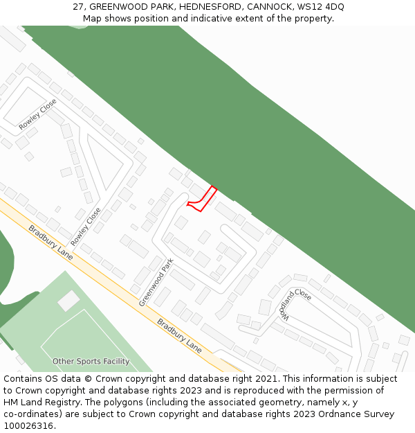 27, GREENWOOD PARK, HEDNESFORD, CANNOCK, WS12 4DQ: Location map and indicative extent of plot