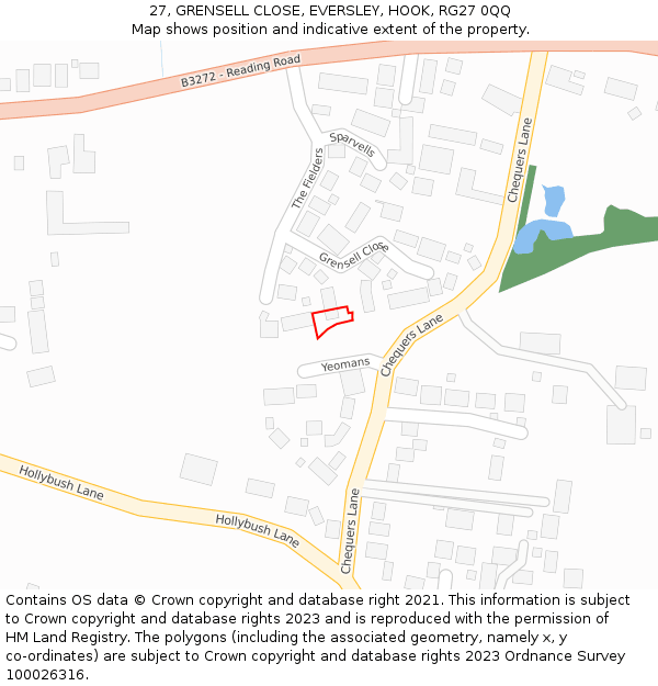 27, GRENSELL CLOSE, EVERSLEY, HOOK, RG27 0QQ: Location map and indicative extent of plot