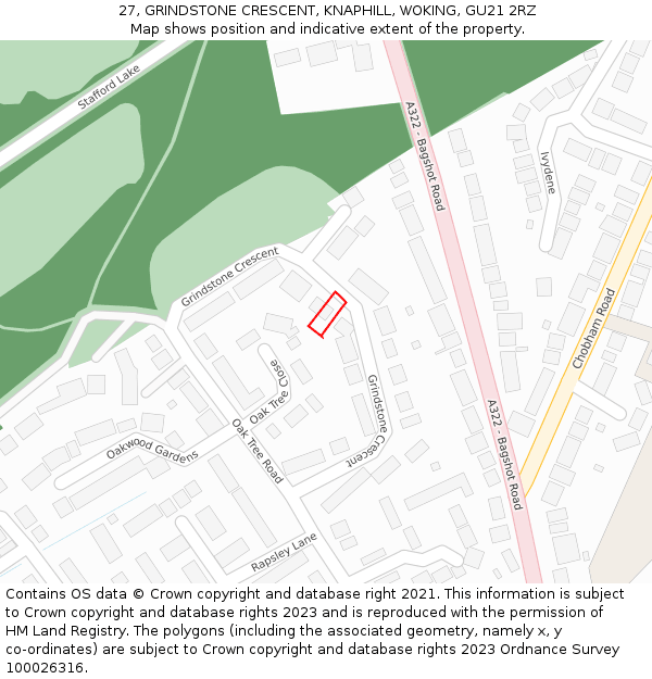 27, GRINDSTONE CRESCENT, KNAPHILL, WOKING, GU21 2RZ: Location map and indicative extent of plot