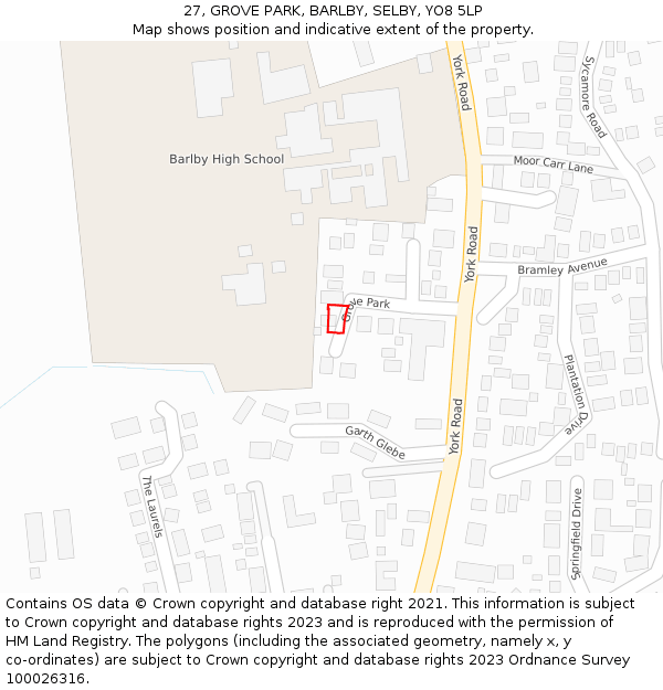 27, GROVE PARK, BARLBY, SELBY, YO8 5LP: Location map and indicative extent of plot