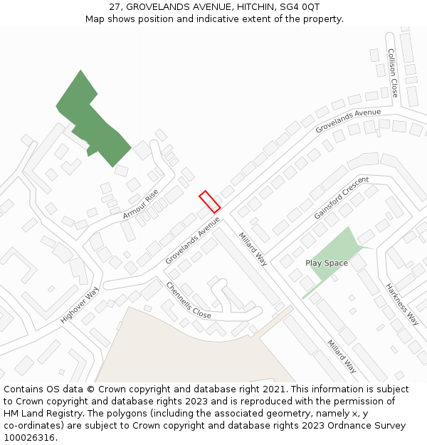 27, GROVELANDS AVENUE, HITCHIN, SG4 0QT: Location map and indicative extent of plot