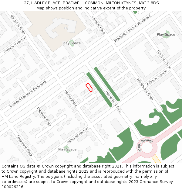 27, HADLEY PLACE, BRADWELL COMMON, MILTON KEYNES, MK13 8DS: Location map and indicative extent of plot