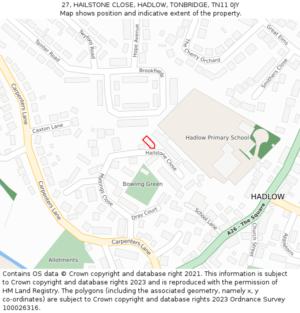 27, HAILSTONE CLOSE, HADLOW, TONBRIDGE, TN11 0JY: Location map and indicative extent of plot