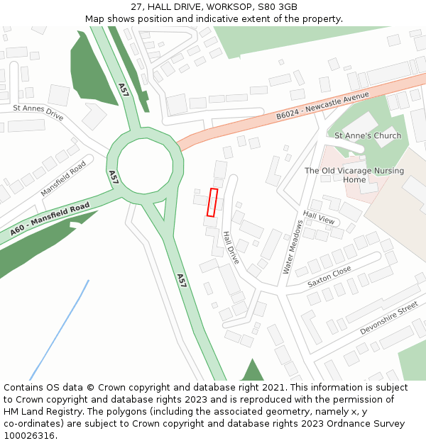 27, HALL DRIVE, WORKSOP, S80 3GB: Location map and indicative extent of plot