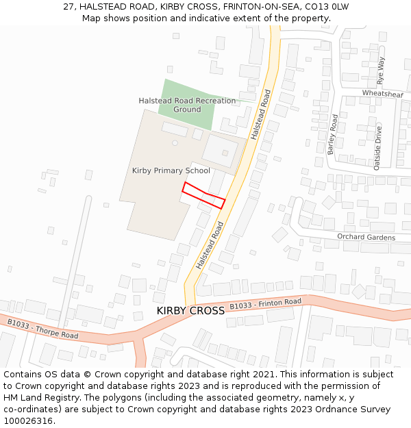 27, HALSTEAD ROAD, KIRBY CROSS, FRINTON-ON-SEA, CO13 0LW: Location map and indicative extent of plot