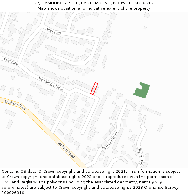 27, HAMBLINGS PIECE, EAST HARLING, NORWICH, NR16 2PZ: Location map and indicative extent of plot