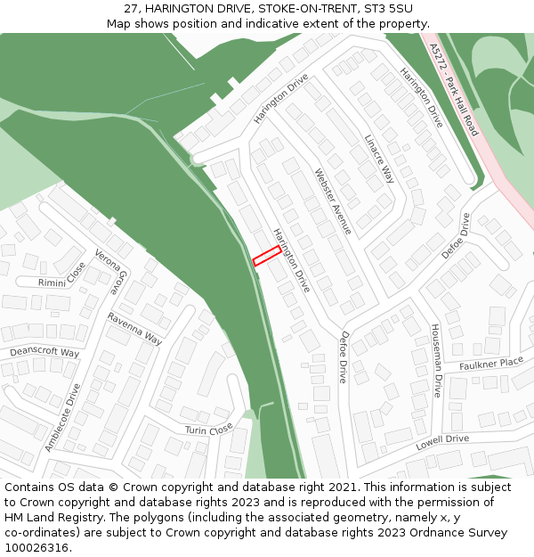 27, HARINGTON DRIVE, STOKE-ON-TRENT, ST3 5SU: Location map and indicative extent of plot