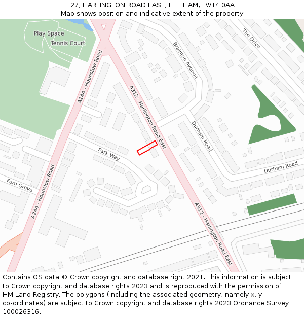 27, HARLINGTON ROAD EAST, FELTHAM, TW14 0AA: Location map and indicative extent of plot