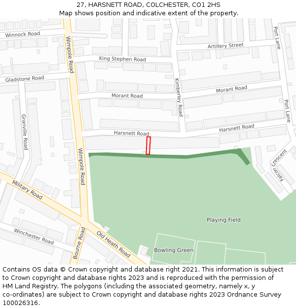 27, HARSNETT ROAD, COLCHESTER, CO1 2HS: Location map and indicative extent of plot