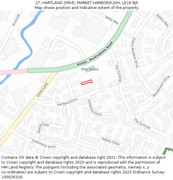 27, HARTLAND DRIVE, MARKET HARBOROUGH, LE16 8JA: Location map and indicative extent of plot