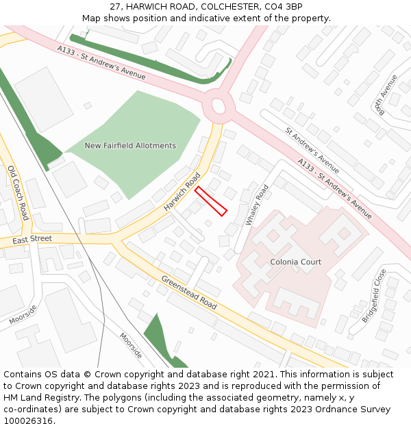 27, HARWICH ROAD, COLCHESTER, CO4 3BP: Location map and indicative extent of plot