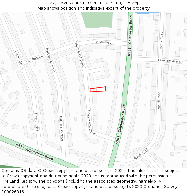 27, HAVENCREST DRIVE, LEICESTER, LE5 2AJ: Location map and indicative extent of plot