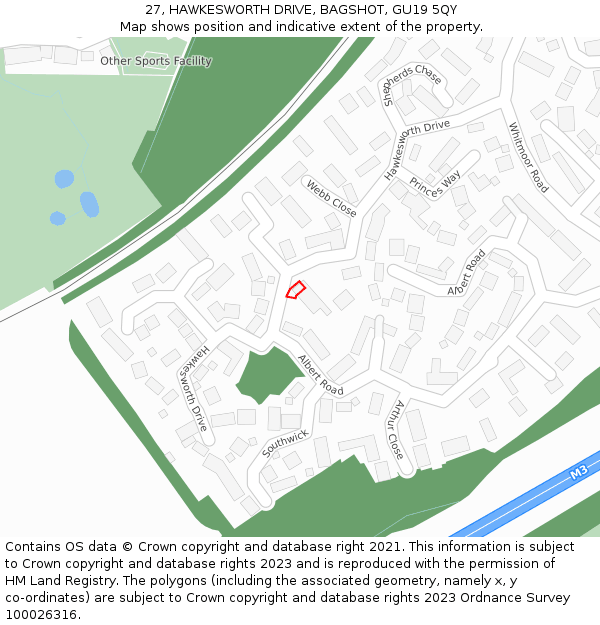 27, HAWKESWORTH DRIVE, BAGSHOT, GU19 5QY: Location map and indicative extent of plot