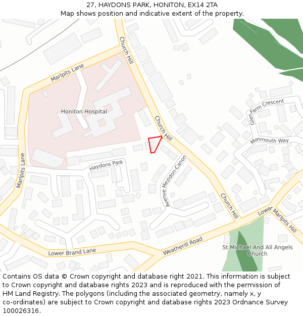 27, HAYDONS PARK, HONITON, EX14 2TA: Location map and indicative extent of plot