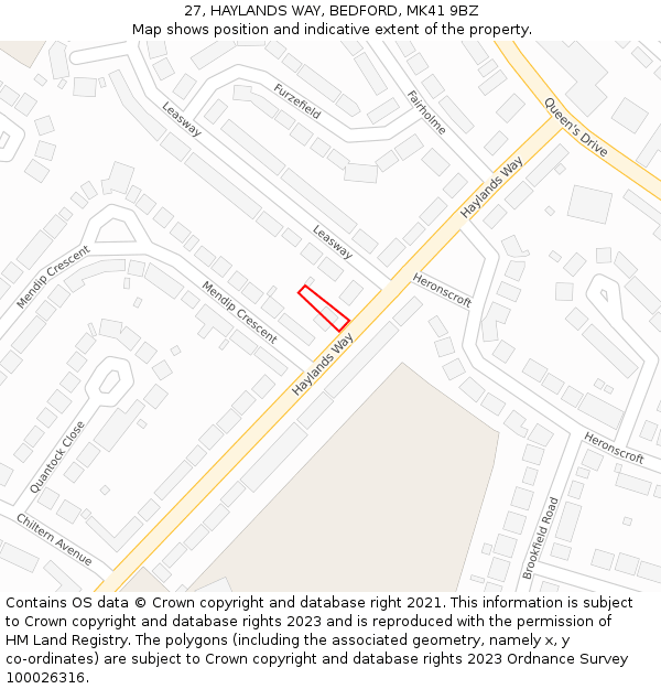 27, HAYLANDS WAY, BEDFORD, MK41 9BZ: Location map and indicative extent of plot