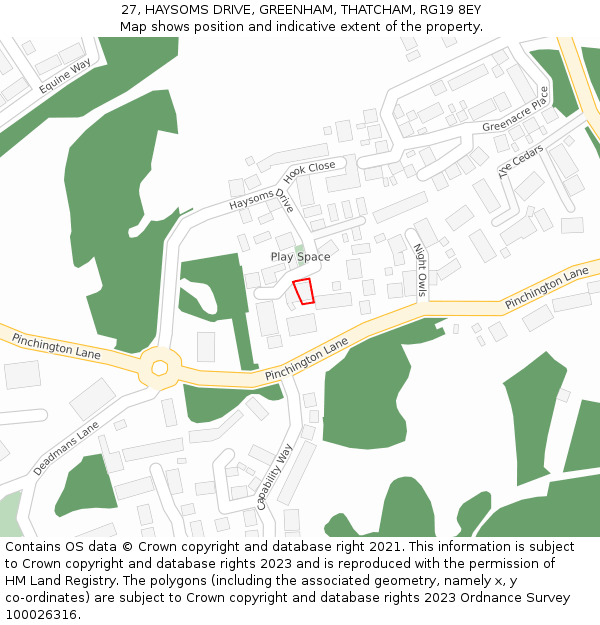 27, HAYSOMS DRIVE, GREENHAM, THATCHAM, RG19 8EY: Location map and indicative extent of plot