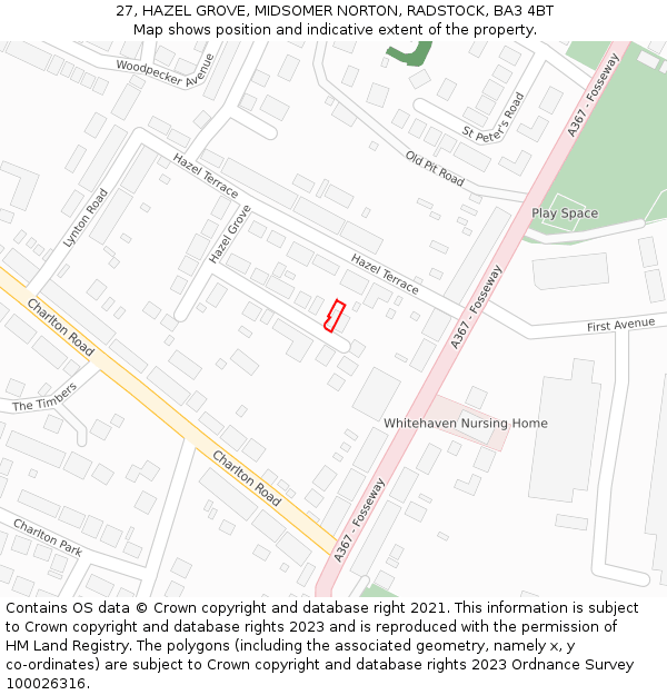 27, HAZEL GROVE, MIDSOMER NORTON, RADSTOCK, BA3 4BT: Location map and indicative extent of plot
