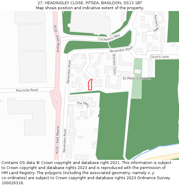 27, HEADINGLEY CLOSE, PITSEA, BASILDON, SS13 1BT: Location map and indicative extent of plot