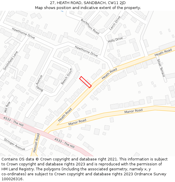 27, HEATH ROAD, SANDBACH, CW11 2JD: Location map and indicative extent of plot