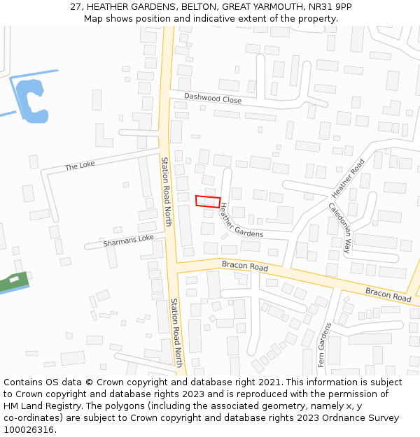 27, HEATHER GARDENS, BELTON, GREAT YARMOUTH, NR31 9PP: Location map and indicative extent of plot