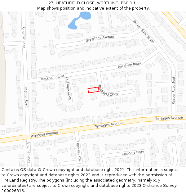 27, HEATHFIELD CLOSE, WORTHING, BN13 1LJ: Location map and indicative extent of plot