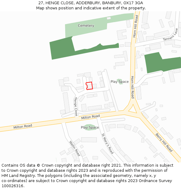 27, HENGE CLOSE, ADDERBURY, BANBURY, OX17 3GA: Location map and indicative extent of plot