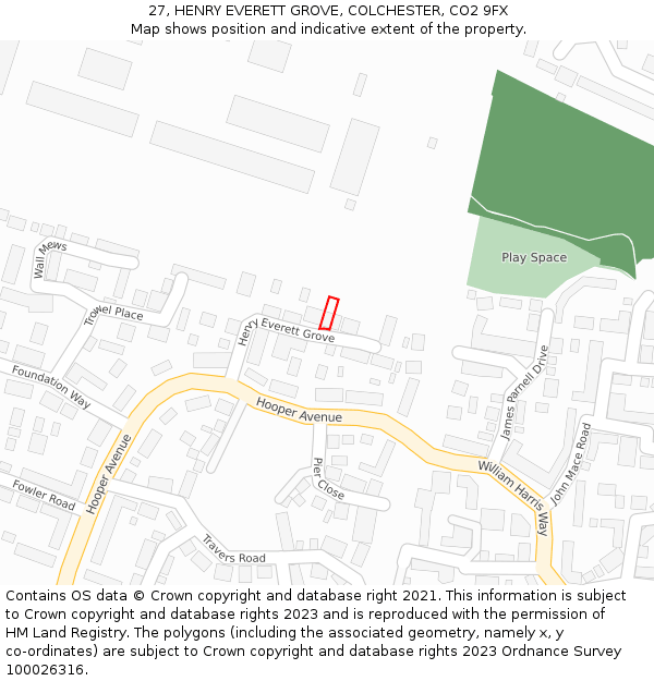 27, HENRY EVERETT GROVE, COLCHESTER, CO2 9FX: Location map and indicative extent of plot