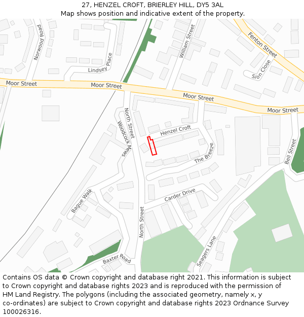 27, HENZEL CROFT, BRIERLEY HILL, DY5 3AL: Location map and indicative extent of plot