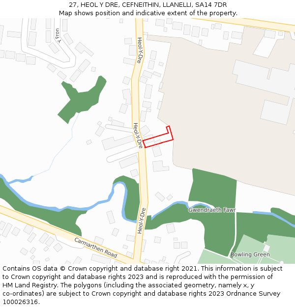 27, HEOL Y DRE, CEFNEITHIN, LLANELLI, SA14 7DR: Location map and indicative extent of plot