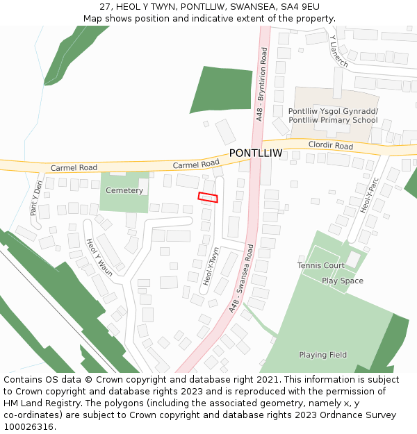 27, HEOL Y TWYN, PONTLLIW, SWANSEA, SA4 9EU: Location map and indicative extent of plot