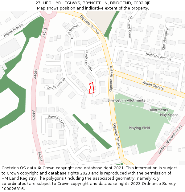 27, HEOL  YR   EGLWYS, BRYNCETHIN, BRIDGEND, CF32 9JP: Location map and indicative extent of plot