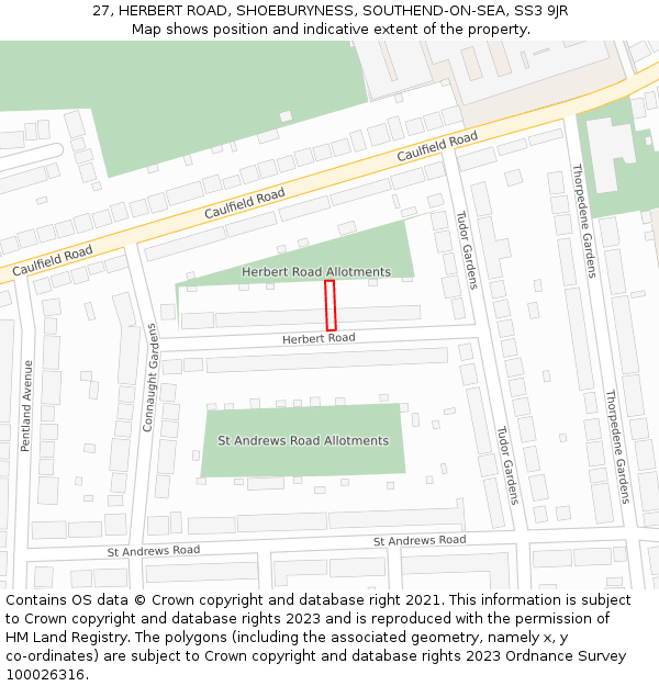 27, HERBERT ROAD, SHOEBURYNESS, SOUTHEND-ON-SEA, SS3 9JR: Location map and indicative extent of plot