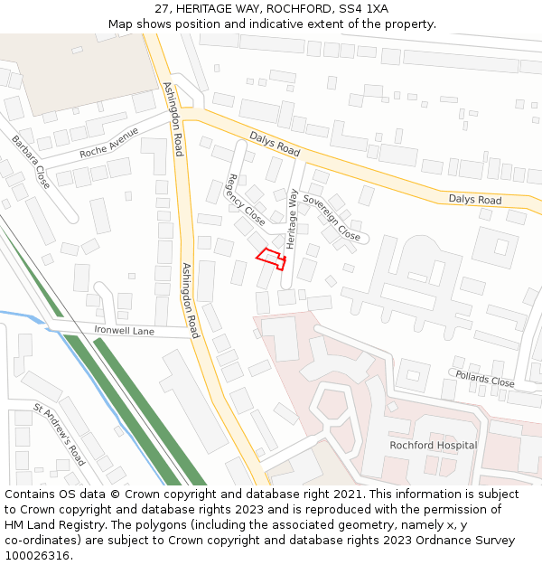 27, HERITAGE WAY, ROCHFORD, SS4 1XA: Location map and indicative extent of plot