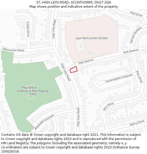 27, HIGH LEYS ROAD, SCUNTHORPE, DN17 2QA: Location map and indicative extent of plot