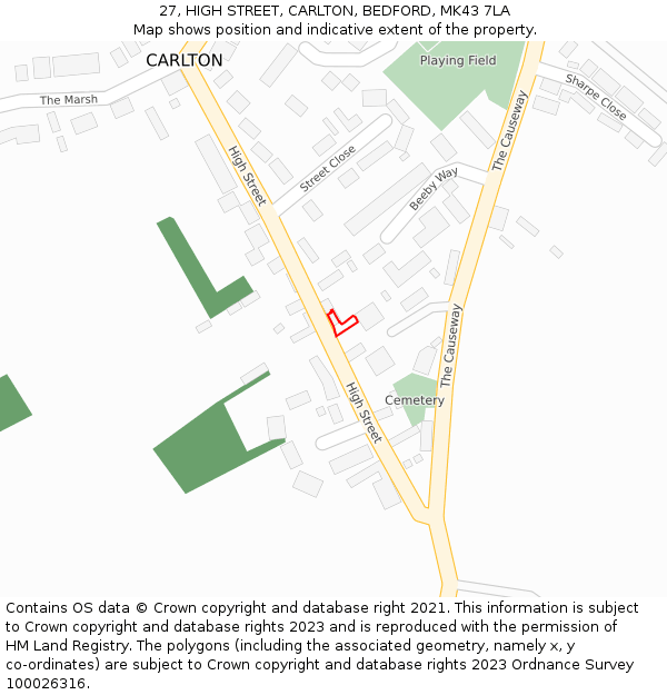27, HIGH STREET, CARLTON, BEDFORD, MK43 7LA: Location map and indicative extent of plot