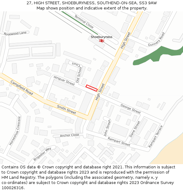 27, HIGH STREET, SHOEBURYNESS, SOUTHEND-ON-SEA, SS3 9AW: Location map and indicative extent of plot