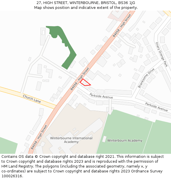 27, HIGH STREET, WINTERBOURNE, BRISTOL, BS36 1JG: Location map and indicative extent of plot