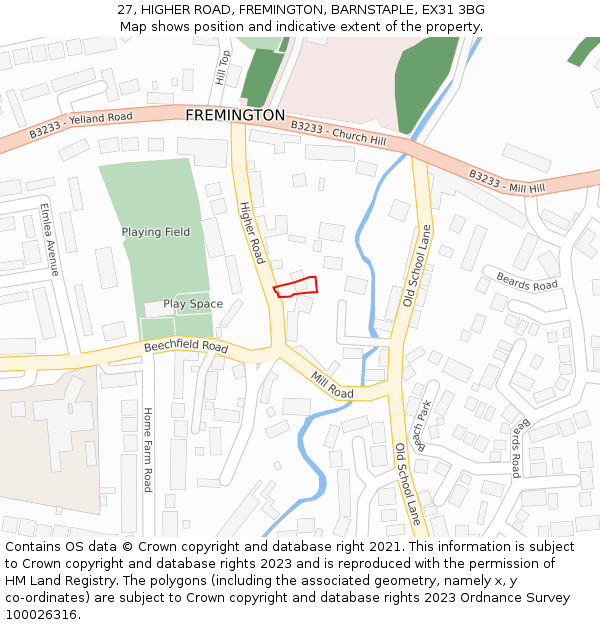 27, HIGHER ROAD, FREMINGTON, BARNSTAPLE, EX31 3BG: Location map and indicative extent of plot