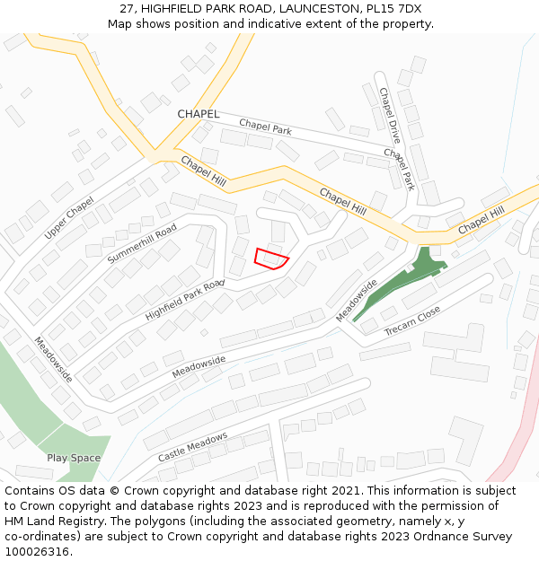 27, HIGHFIELD PARK ROAD, LAUNCESTON, PL15 7DX: Location map and indicative extent of plot