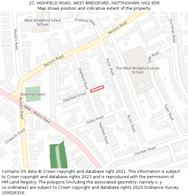 27, HIGHFIELD ROAD, WEST BRIDGFORD, NOTTINGHAM, NG2 6DR: Location map and indicative extent of plot